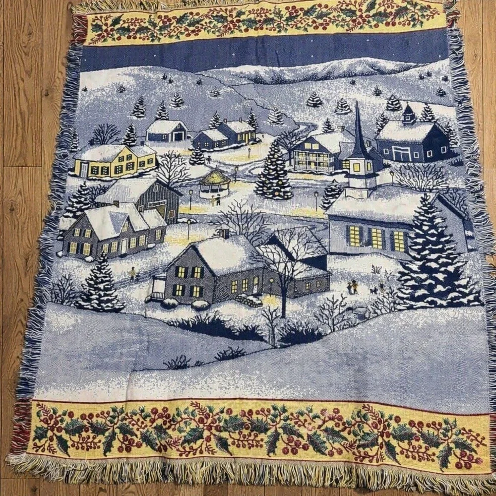 Vintage Mohawk Winter Village Woven Tapestry Throw Blanket 59x48 Christmas USA